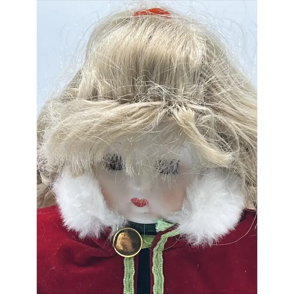 Vintage Porcelain Christmas Doll – Green Dress, Red Cape, Holiday Décor (Blonde)
